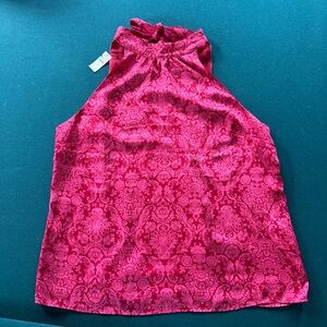 Talbots Damask Print Satin Halter Top NWT Size 16 Pink Red Popover Bow Feminine